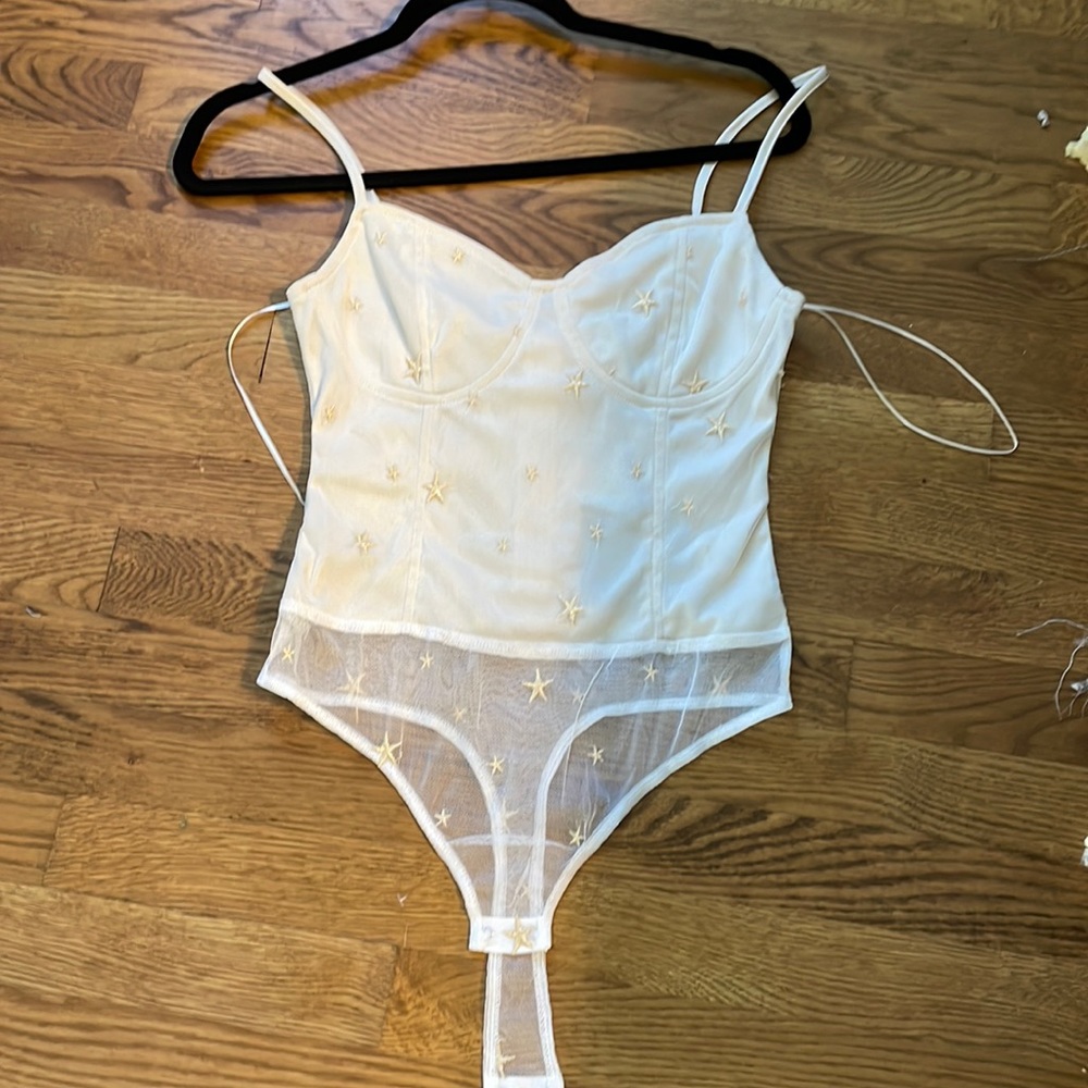 LE LIS COLLECTION White Star Embroidered Mesh Corset Bodysuit Size S Balletcore‎